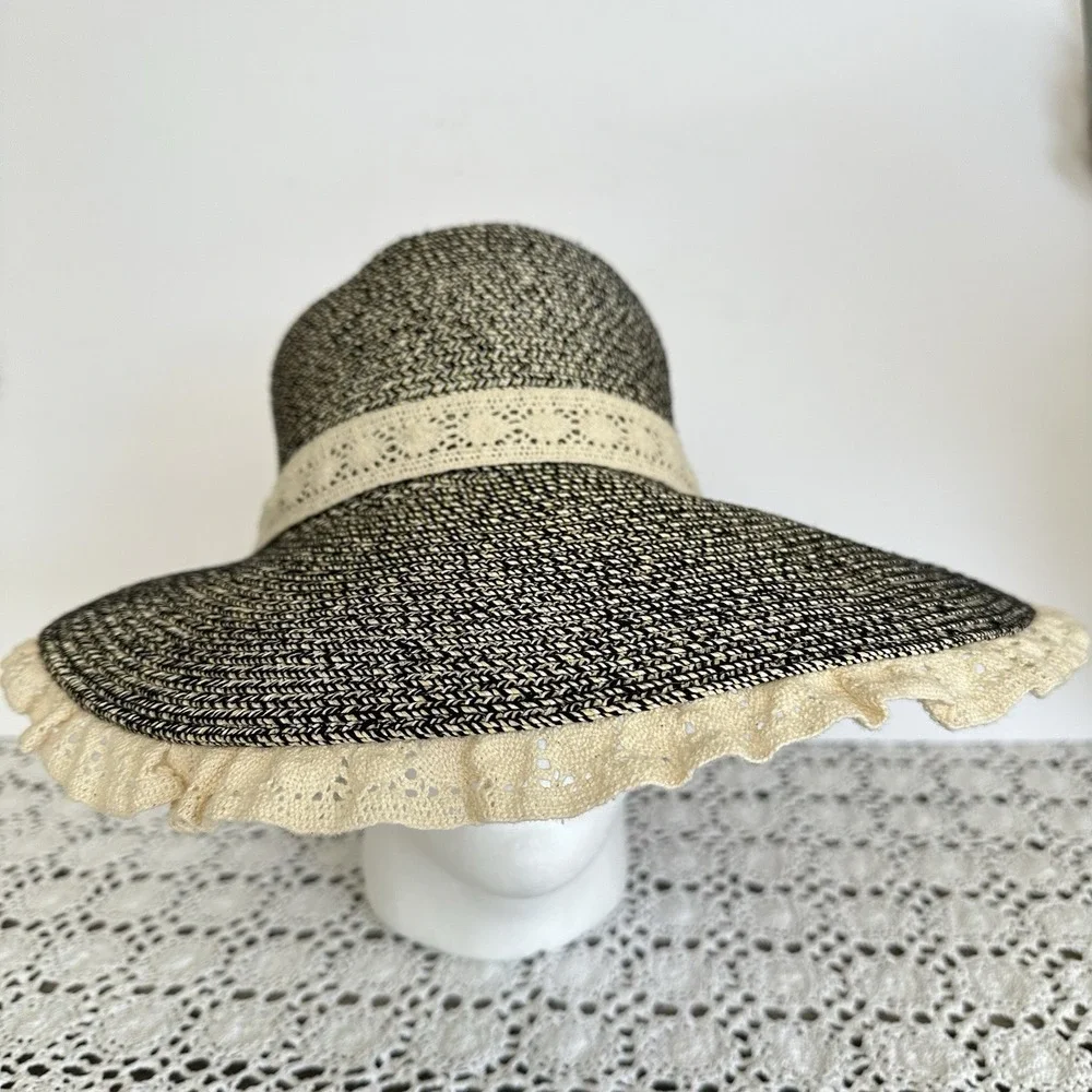 country paper straw hat womens wide brim bow beachy cottage garden‎ lace black